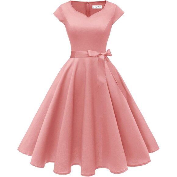 Women Vintage 1950s Dress Retro Cocktail Party Swing Dresses with Cap Sleeves - Picture 1 of 6